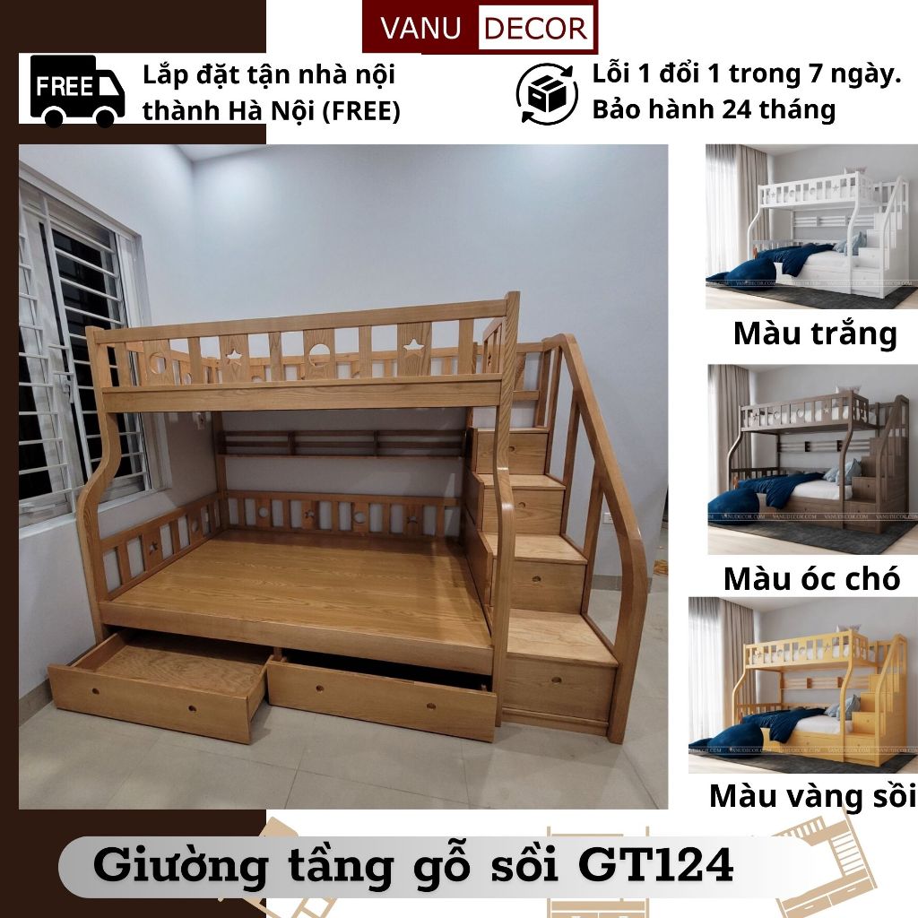 Giường tầng cho bé-Giường tầng người lớn VANU DECOR gỗ sồi chịu lực cao GT124, nhiều kích thước 1m 1m2 1m4 1m6