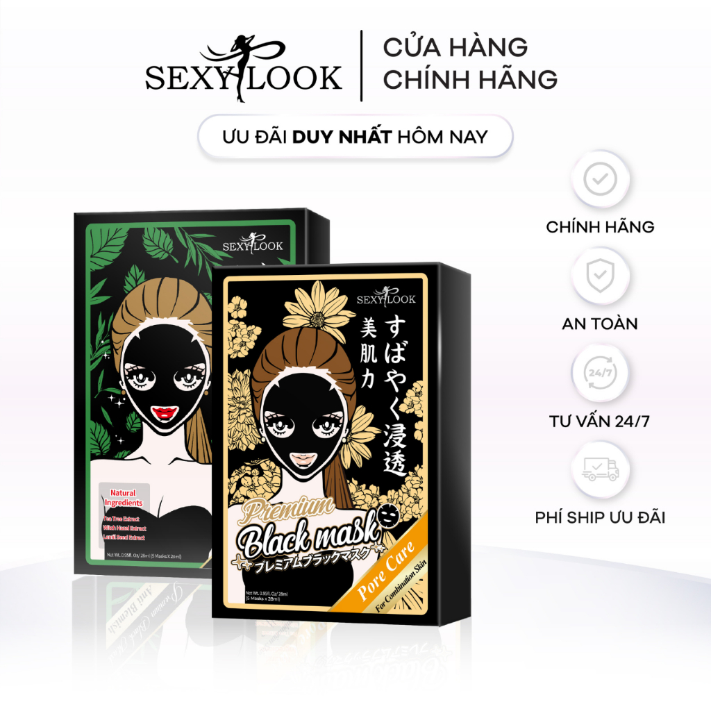 Combo Giảm Mụn Chuyên Sâu SEXYLOOK ( 1 hộp Mặt nạ đen tràm trà x 1 hộp Mặt nạ đen hoa cúc ) (10 miếng x 28ml)