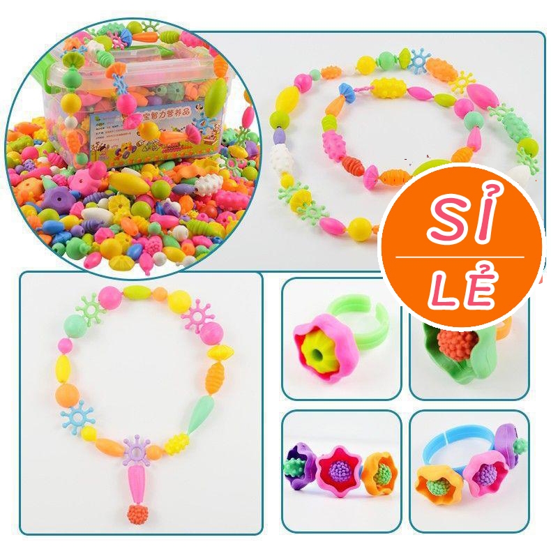 Bộ lego trang sức 500 chi tiết cho bé xâu vòng, đồ chơi xếp hình trang sức nhiều màu sắc cho bé