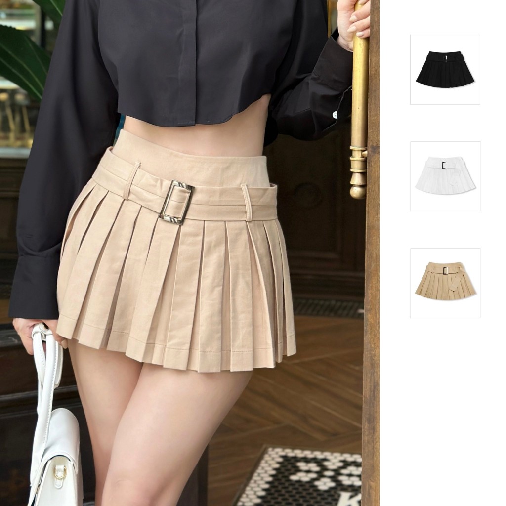 Chân Váy Nữ Kaki Pleat Belt, Chất Vải Kaki Cotton Thoải Mái, WCV014, SOMEHOW