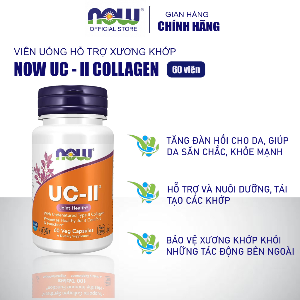 Viên uống hỗ trợ xương khớp, đau khớp tăng dịch nhầy cho khớp Now UC-II Collagen Type II 60v