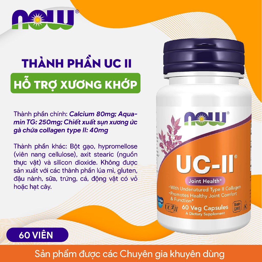 Viên uống hỗ trợ xương khớp, đau khớp tăng dịch nhầy cho khớp Now UC-II Collagen Type II 60v