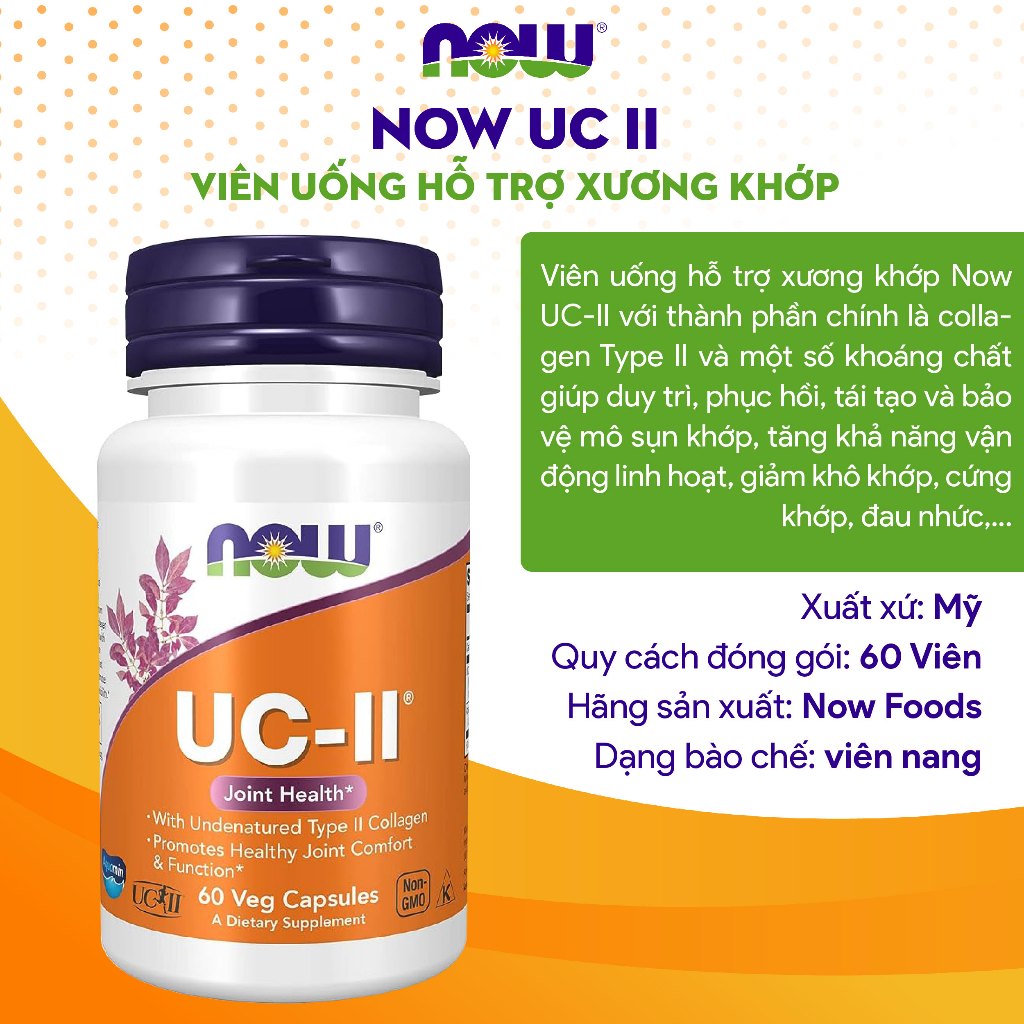 Viên uống hỗ trợ xương khớp, đau khớp tăng dịch nhầy cho khớp Now UC-II Collagen Type II 60v
