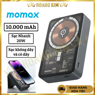 Pin sạc dự phòng không dây momax q.mag power 11, pin 10000mah, sạc nhanh 20w, có giá đỡ điện thoại, thiết kế trong suốt
