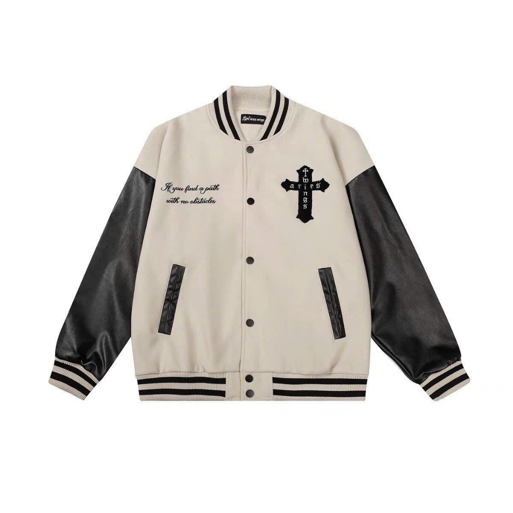 Áo khoác Bomber Thánh giá Varsity jacket Nam Nữ Unisex thêu 2 lớp phối tay da, chất nỉ bông siêu đẹp