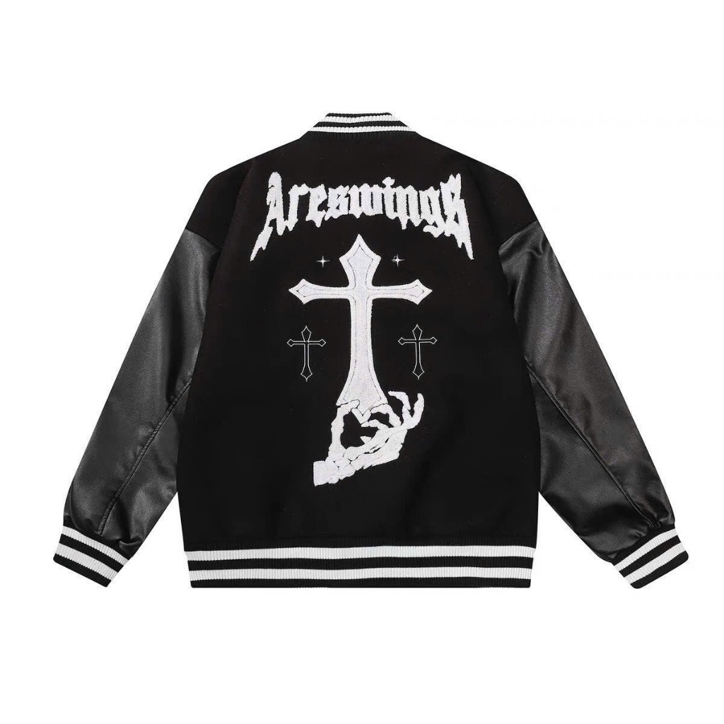 Áo khoác Bomber Thánh giá Varsity jacket Nam Nữ Unisex thêu 2 lớp phối tay da, chất nỉ bông siêu đẹp