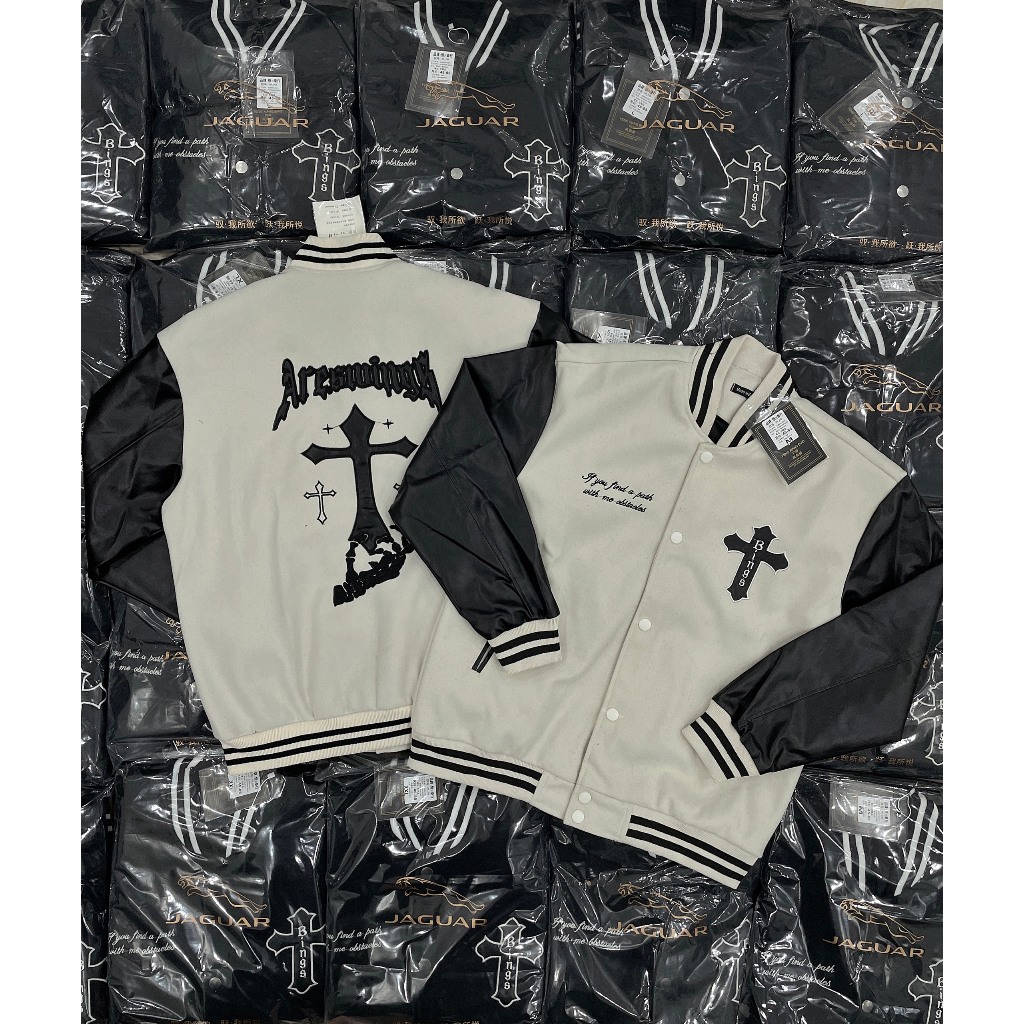 Áo khoác Bomber Thánh giá Varsity jacket Nam Nữ Unisex thêu 2 lớp phối tay da, chất nỉ bông siêu đẹp
