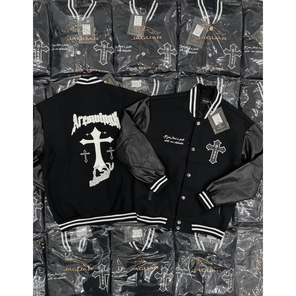 Áo khoác Bomber Thánh giá Varsity jacket Nam Nữ Unisex thêu 2 lớp phối tay da, chất nỉ bông siêu đẹp