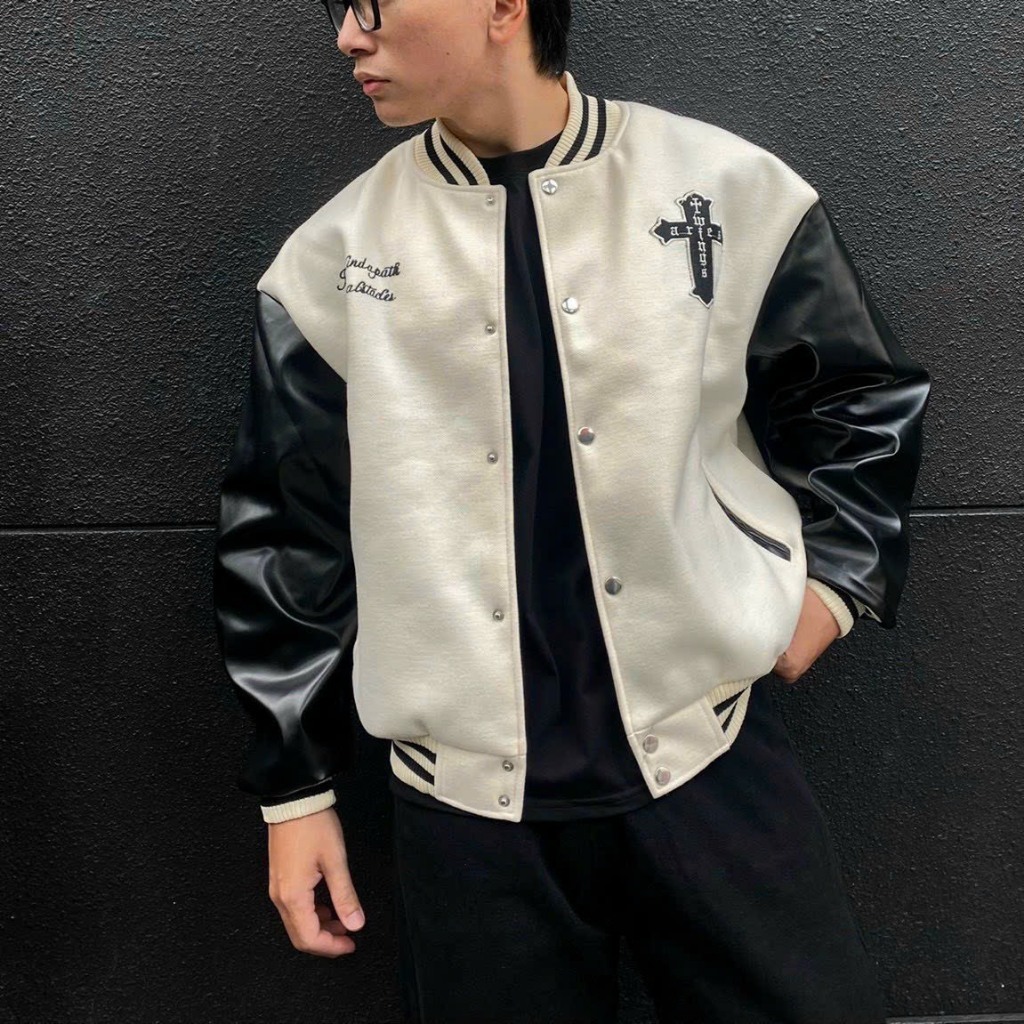 Áo khoác Bomber Thánh giá Varsity jacket Nam Nữ Unisex thêu 2 lớp phối tay da, chất nỉ bông siêu đẹp