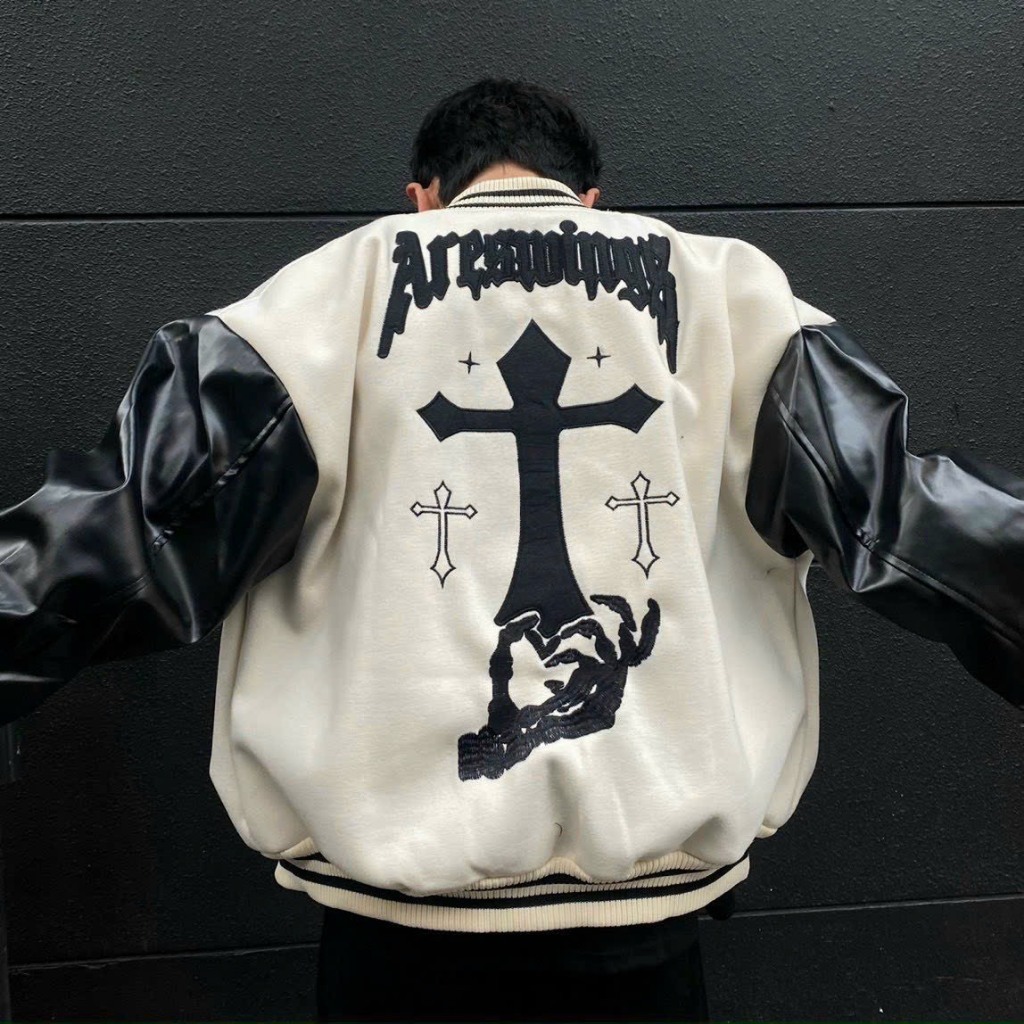 Áo khoác Bomber Thánh giá Varsity jacket Nam Nữ Unisex thêu 2 lớp phối tay da, chất nỉ bông siêu đẹp