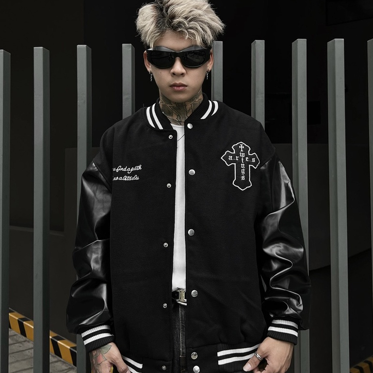 Áo khoác Bomber Thánh giá Varsity jacket Nam Nữ Unisex thêu 2 lớp phối tay da, chất nỉ bông siêu đẹp