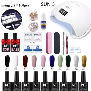 Bộ làm móng(sơn gel 10 chai +Máy Hơ Gel SUN 5+100 móng tay giả+Dụng cụ làm móng+7.3ML TOP&BASE sơn gel) Mini tại nhà