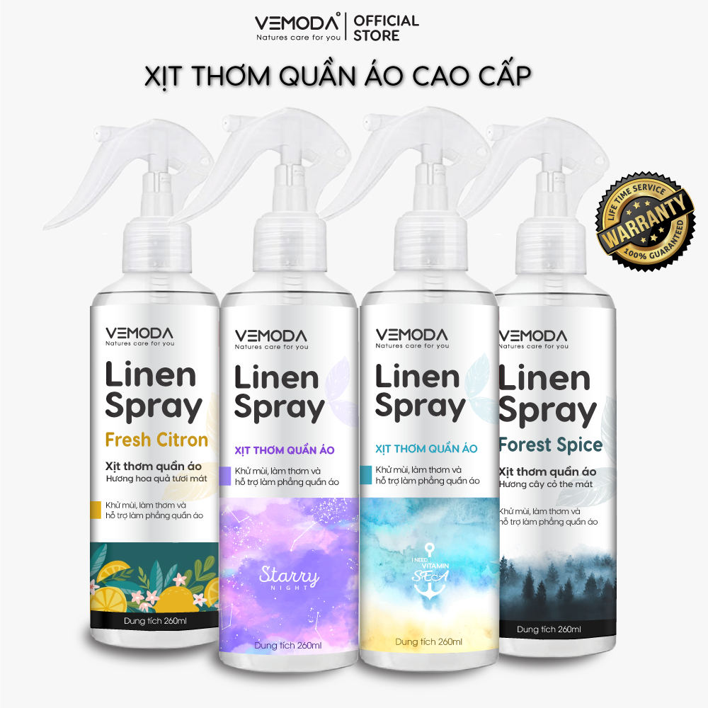 Xịt thơm quần áo VEMODA cao cấp giúp khử mùi ẩm mốc, làm thơm vải nhanh chóng. Xịt thơm quần áo hiệu quả nhanh chóng