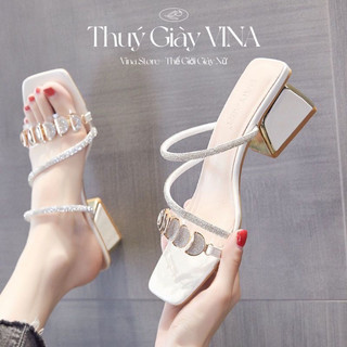 dép guốc nữ đính đá cao 5 phân đế vuông quai chéo đính đá Mặt Trăng hottrend 2023 THUÝ GIÀY VINA STORE mã M35