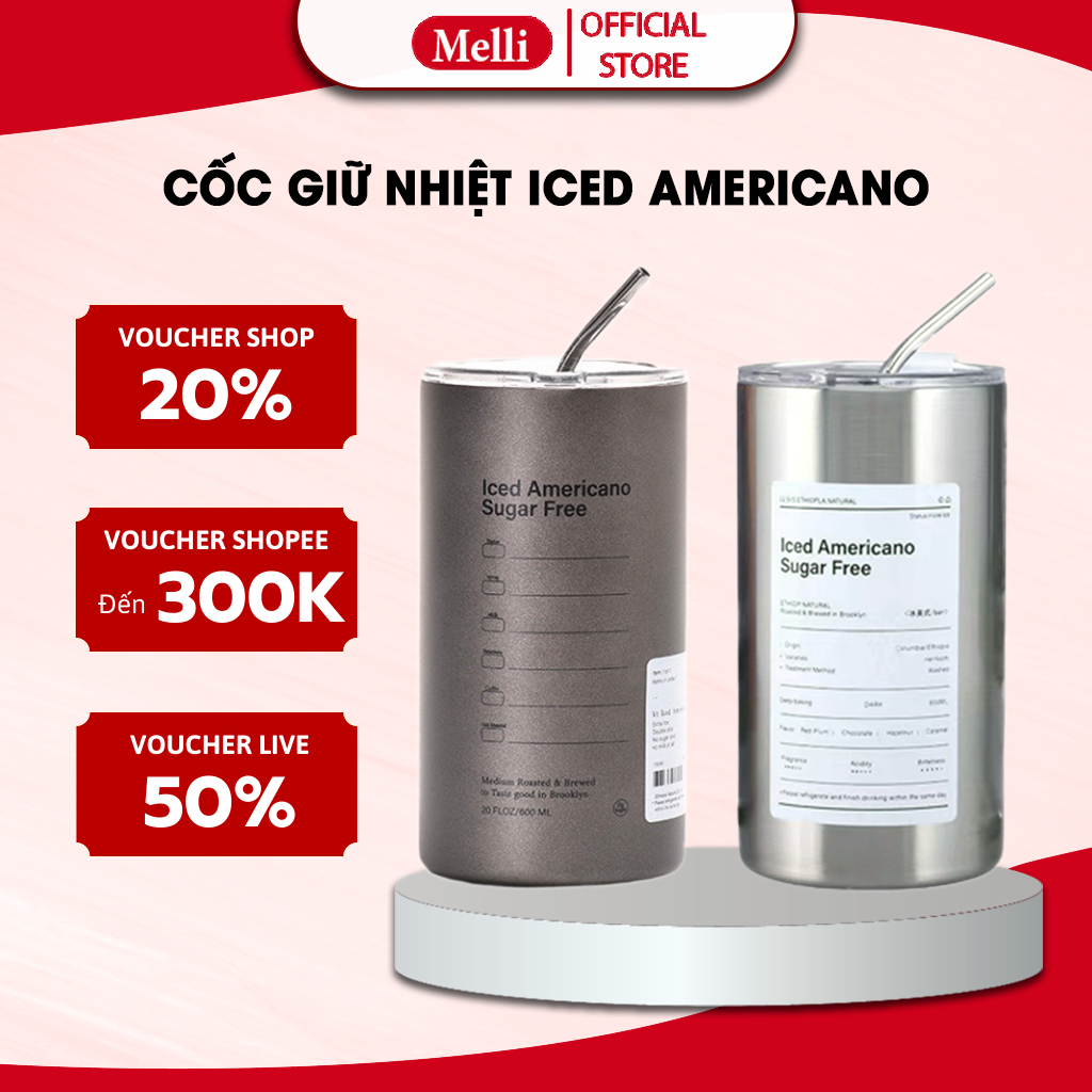 Ly Giữ Nhiệt Melli Iced Americano Inox 304 Cao Cấp Không Gỉ Tặng Kèm Ống Hút Siêu Tiện Lợi Hàng Chính Hãng Loại 1
