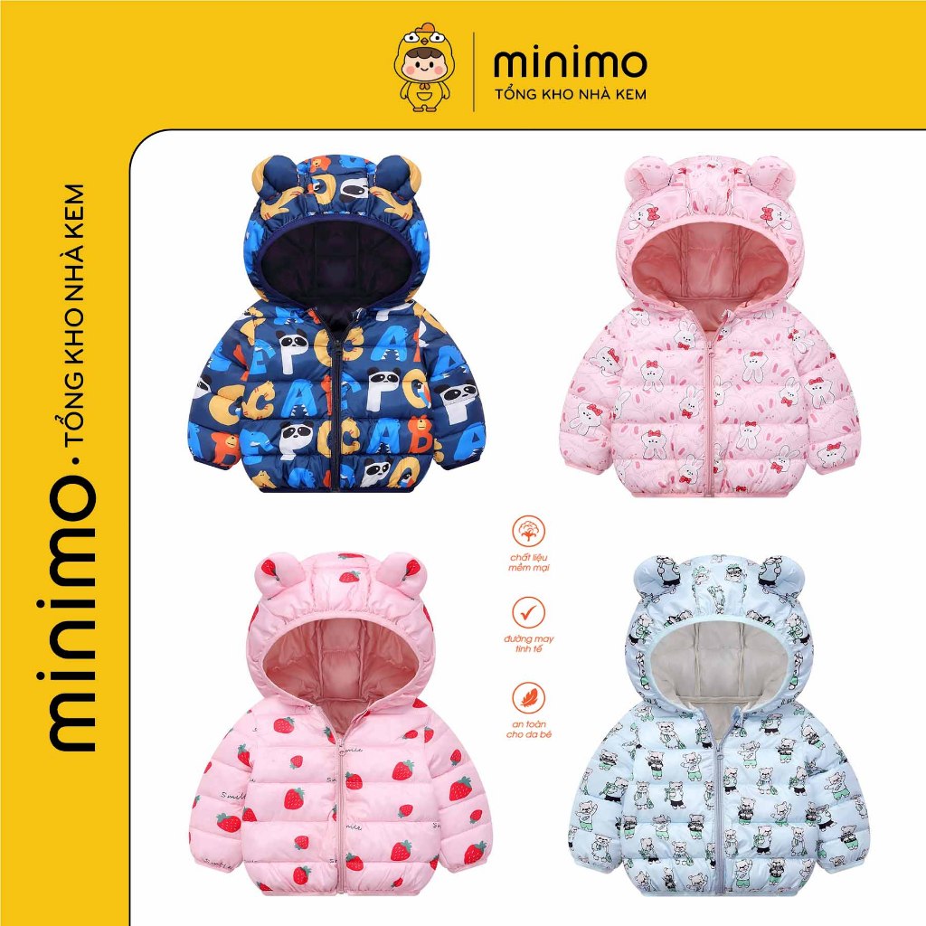 Áo khoác trẻ em quảng châu cao cấp, Áo phao siêu nhẹ cho bé trai, bé gái mũ tai gấu dễ thương nhà Minimo