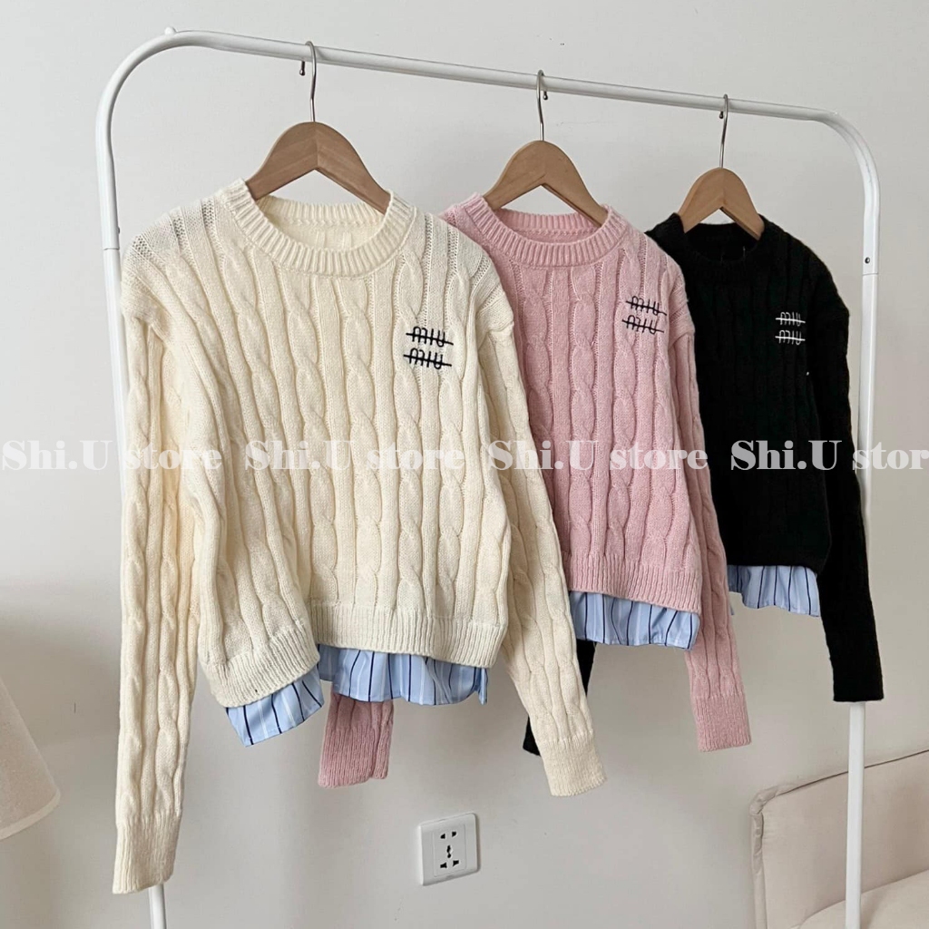 Áo len cổ tròn vặn thừng phối viền kẻ sọc 3 màu hàng QC style ulzzang xinh xắn