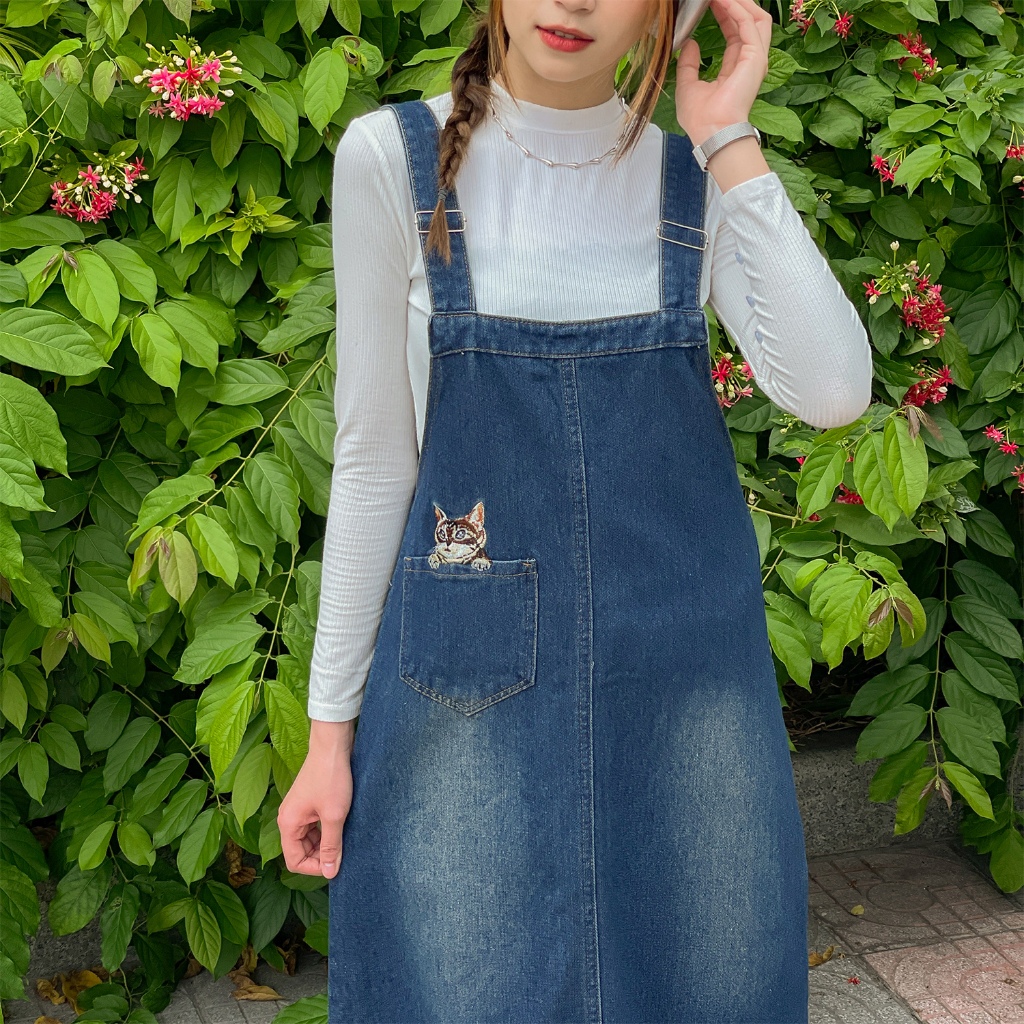 Váy yếm jean dài RETRO phai phủ vàng dáng suông, váy yếm dài jeans baggy đai liền sau thêu HÌNH MÈO Y4XS03 - JEANBOO