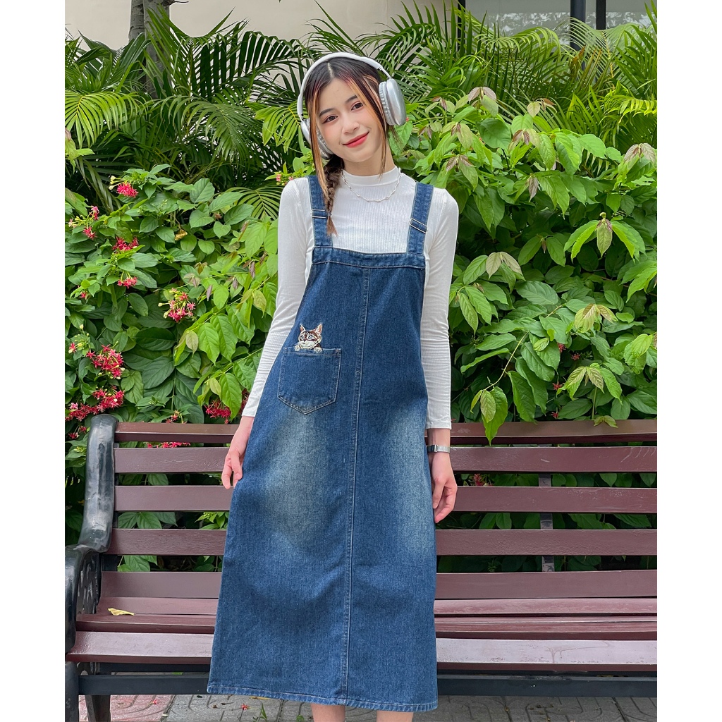 Váy yếm jean dài RETRO phai phủ vàng dáng suông, váy yếm dài jeans baggy đai liền sau thêu HÌNH MÈO Y4XS03 - JEANBOO