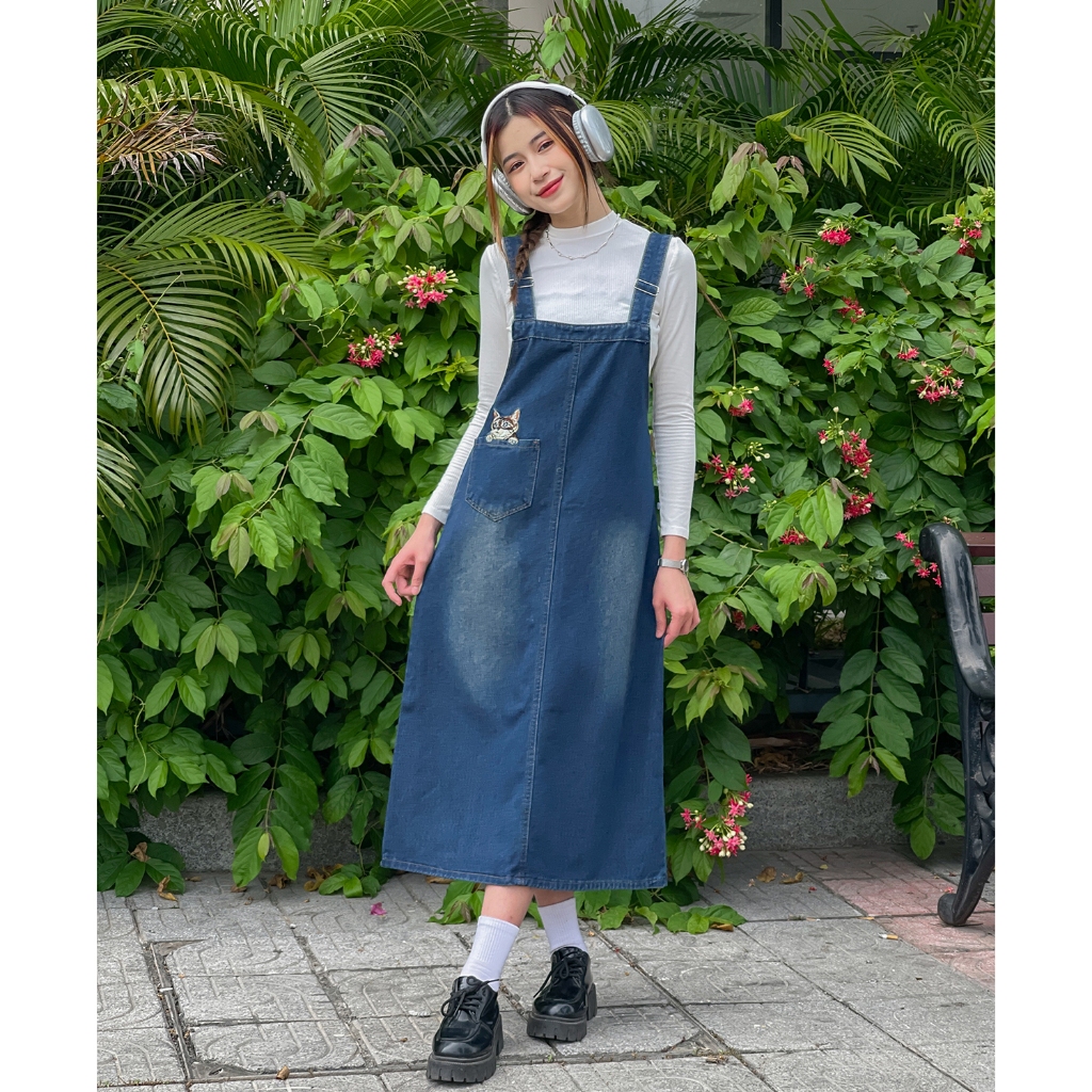 Váy yếm jean dài RETRO phai phủ vàng dáng suông, váy yếm dài jeans baggy đai liền sau thêu HÌNH MÈO Y4XS03 - JEANBOO