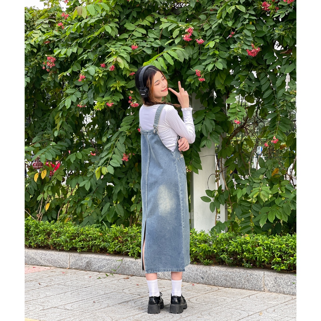 Váy yếm jean dài RETRO phai phủ vàng dáng suông, váy yếm dài jeans baggy đai liền sau thêu HÌNH MÈO Y4XS03 - JEANBOO