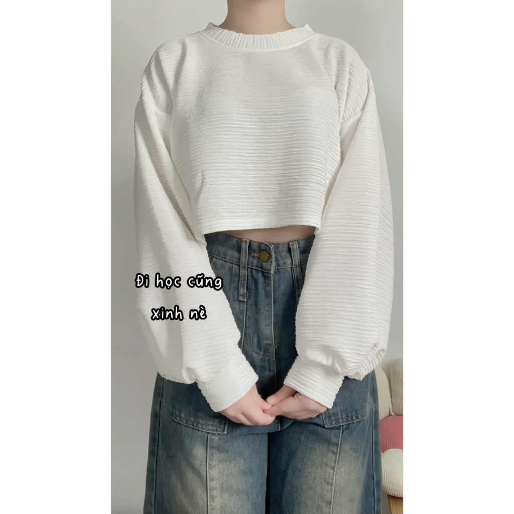 Áo croptop xốp nhăn cổ tròn dài tay thiết kế vintage phong cách trẻ trung hàn quốc