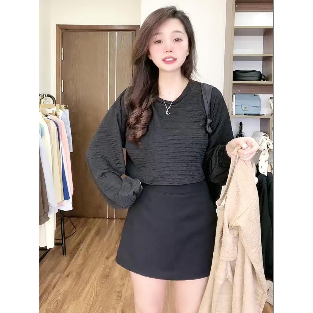 Áo croptop xốp nhăn cổ tròn dài tay thiết kế vintage phong cách trẻ trung hàn quốc