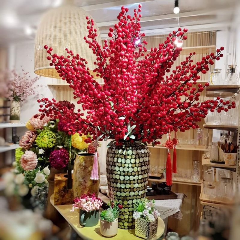 Cành đào đông đỏ 1 Cành 12 nhánh - Cây Đào Đông Đỏ Quả Đỏ Trang Trí, trang trí nhà cửa