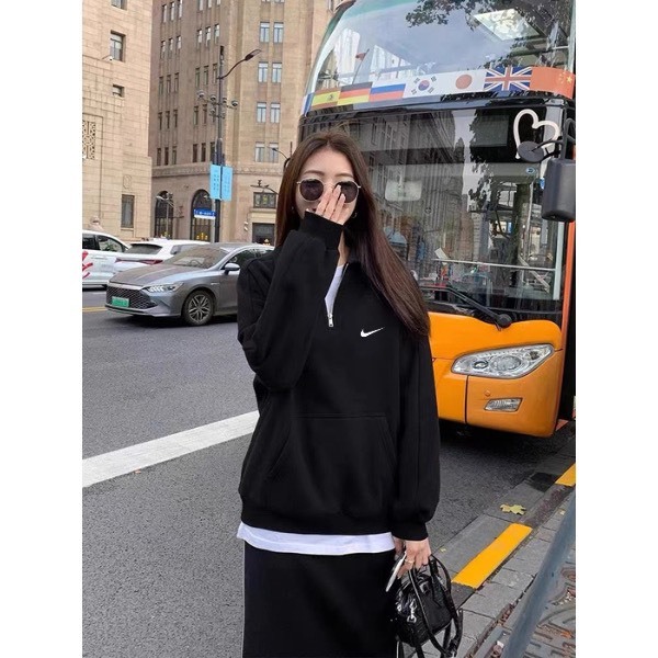 Áo sweater Nike đôi nam nữ chuẩn form unisex chất nỉ dày dặn cổ bẻ có khoá kéo SUNNY1207