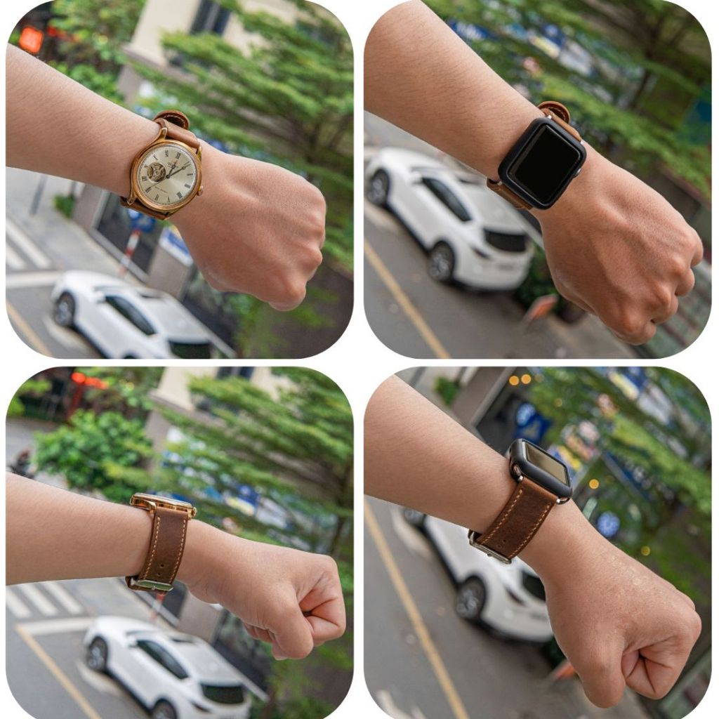 Dây da đồng hồ da bò sáp 2 lớp ngựa điên Nâu Đất thích hợp Apple Watch, đồng hồ thường size 18, 20, 22, 24mm Vnstrap S22