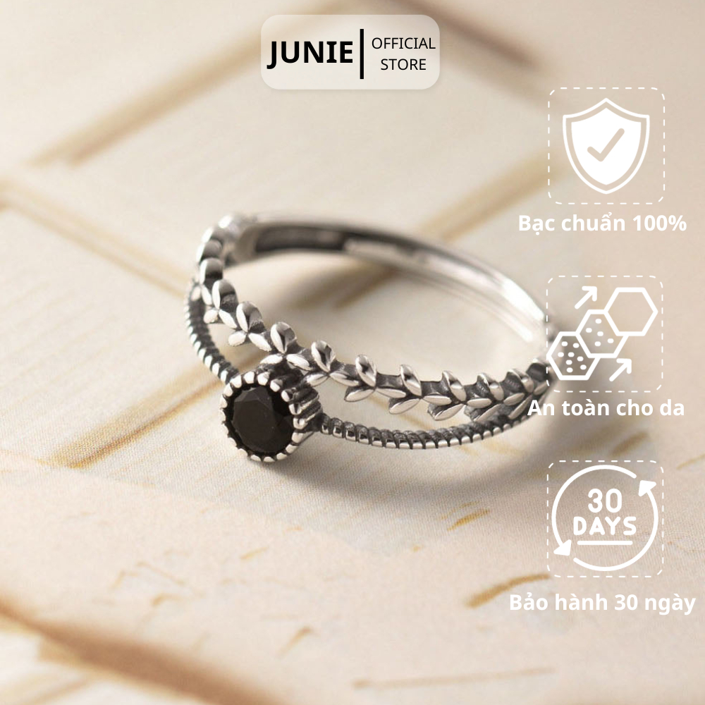 Nhẫn Bạc Thái JUNIE, Nhẫn Hở Freesize Tạo Hình Lá Gắn Đá Đen R-SHAY