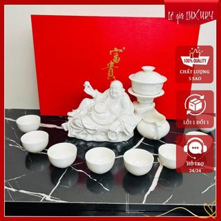 Bộ ấm chén uống trà cao cấp Thần Tài, Bộ ấm chén cối xay chất men Trắng Ngọc sang trọng đẳng cấp, Bộ ấm trà trà Di Lặc