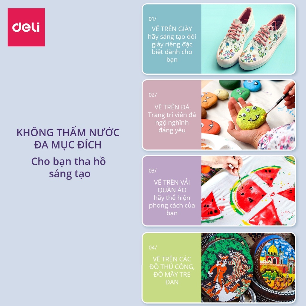 Màu Nước Acrylic Dạng Tuýp 12ml Deli Vẽ Vải Giày Tường - 12 /24 Màu Tươi Sáng Đặc Mịn Nhanh Khô Học Sinh Chuyên Nghiệp