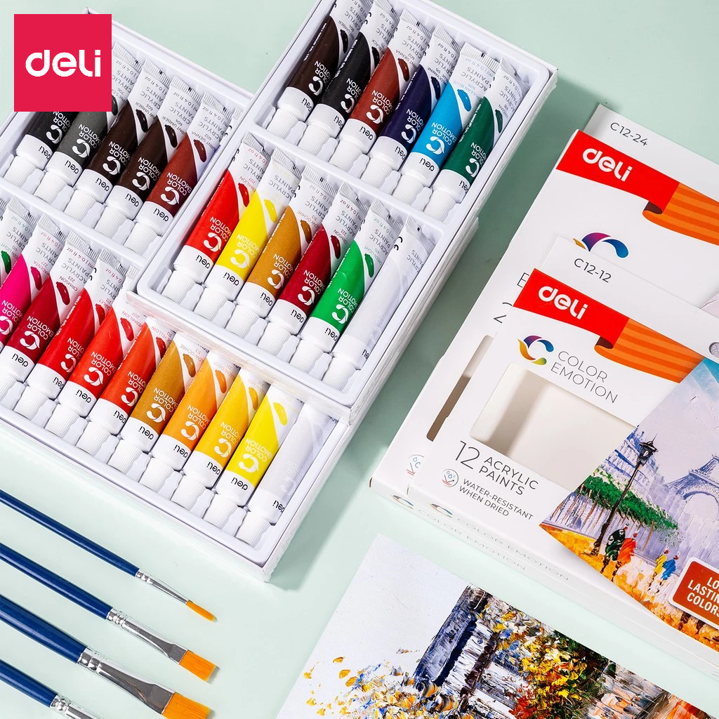 Màu Nước Acrylic Dạng Tuýp 12ml Deli Vẽ Vải Giày Tường - 12 /24 Màu Tươi Sáng Đặc Mịn Nhanh Khô Học Sinh Chuyên Nghiệp