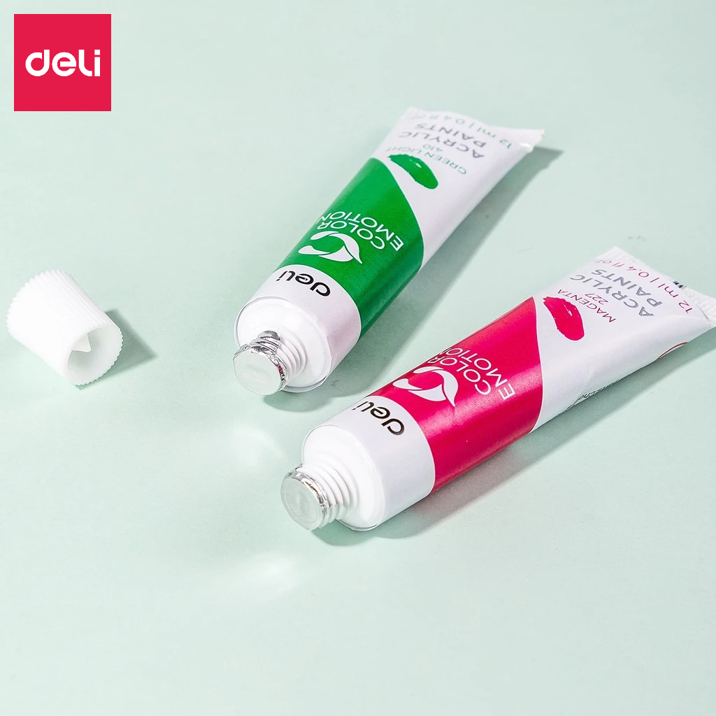 Màu Nước Acrylic Dạng Tuýp 12ml Deli Vẽ Vải Giày Tường - 12 /24 Màu Tươi Sáng Đặc Mịn Nhanh Khô Học Sinh Chuyên Nghiệp