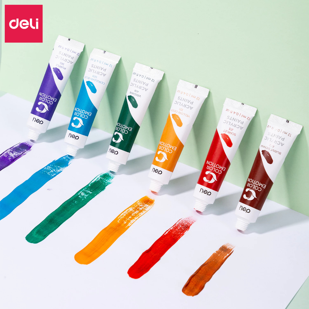 Màu Nước Acrylic Dạng Tuýp 12ml Deli Vẽ Vải Giày Tường - 12 /24 Màu Tươi Sáng Đặc Mịn Nhanh Khô Học Sinh Chuyên Nghiệp
