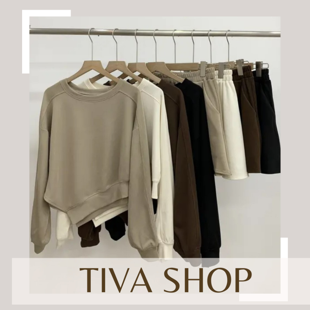 Set áo vạt nhọn croptop cổ tròn kèm quần sooc xòe, Set nỉ tăm dài tay quần váy, bộ nỉ thu đông vạt lệch - Tiva A64