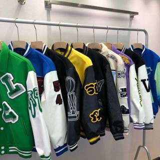 Áo khoác varsity bóng chày xanh - trắng kem - Bomber varsity dạ phối tay da trần bông tag đồng hàng sc đủ màu