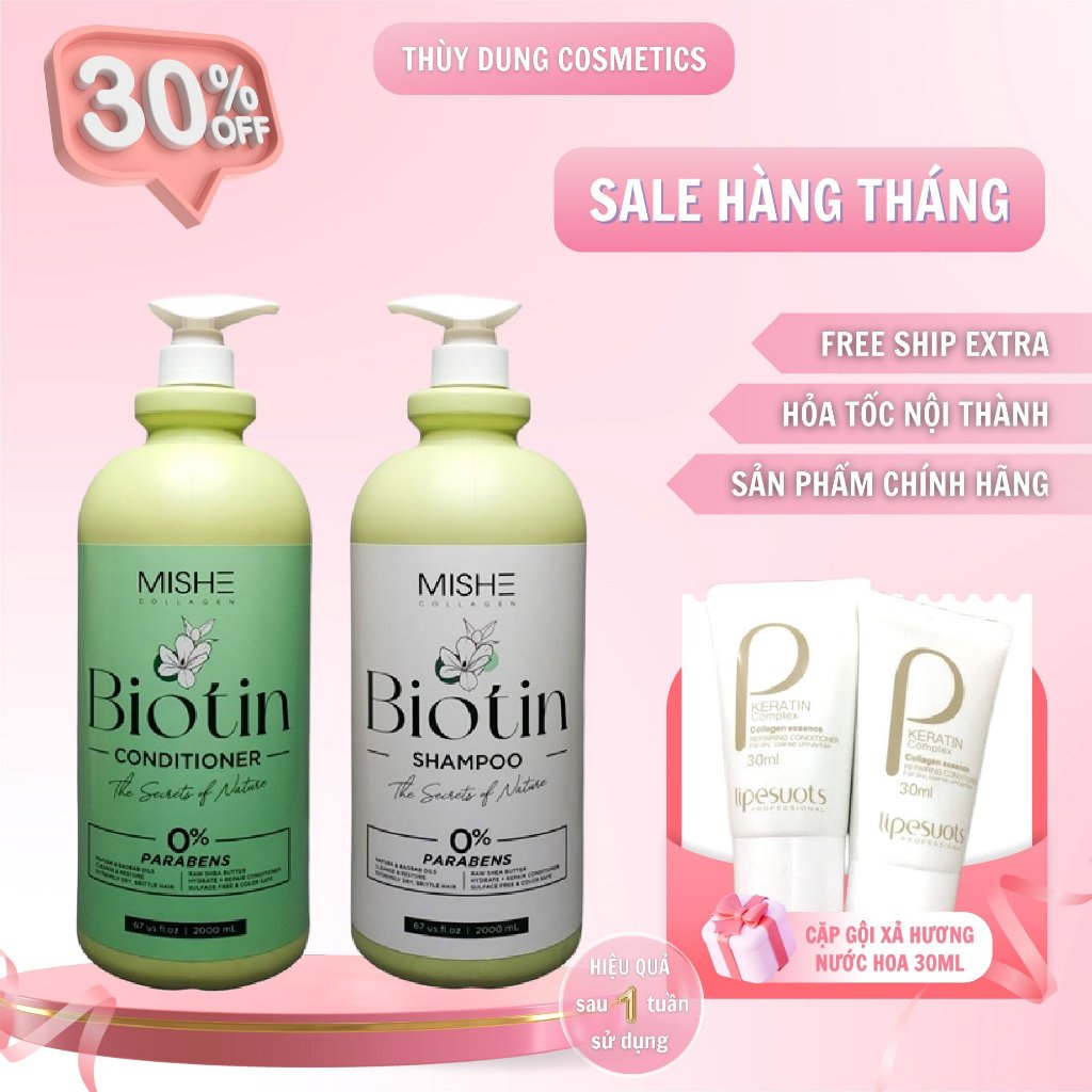 Gội xả Mishe Collagen Biotin dung tích 2000mlx2 bảo vệ da đầu, nuôi dưỡng tóc hiệu quả.