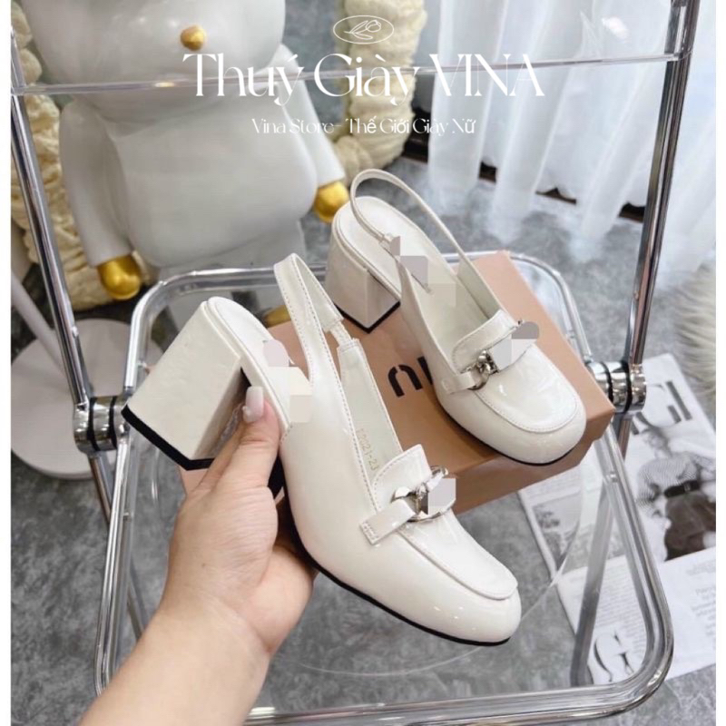 Giày cao gót bít mũi hở gót đế vuông 5 phân quai đính đá chữ Miu Miu THUÝ GIÀY VINA STORE