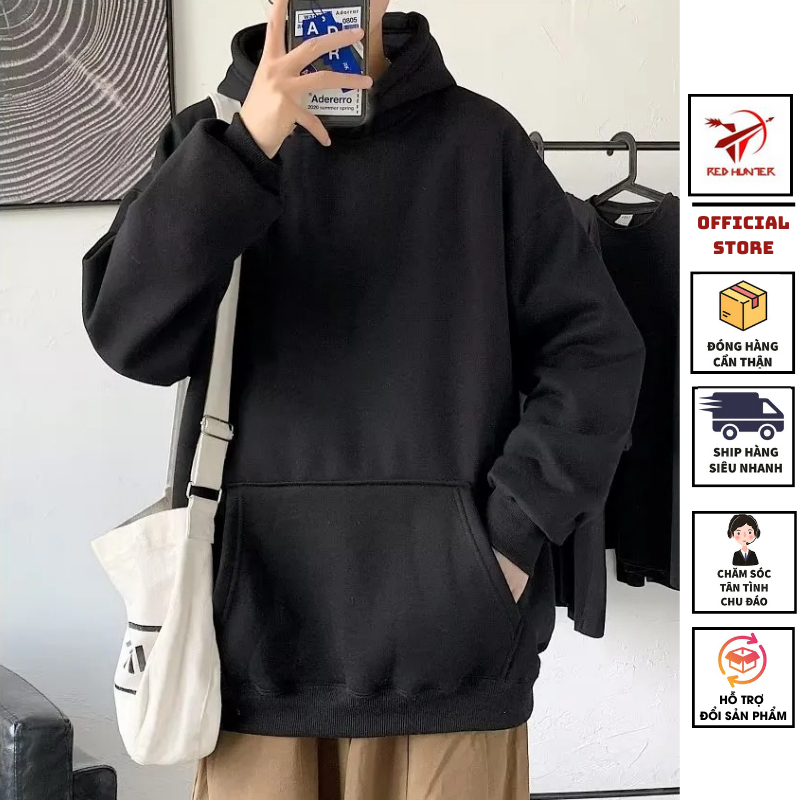 Áo Hoodie nam nữ RED HUNTER basic có mũ trùm chất vải nỉ bông cao cấp form rộng unisex mềm mại siêu nhẹ cao cấp