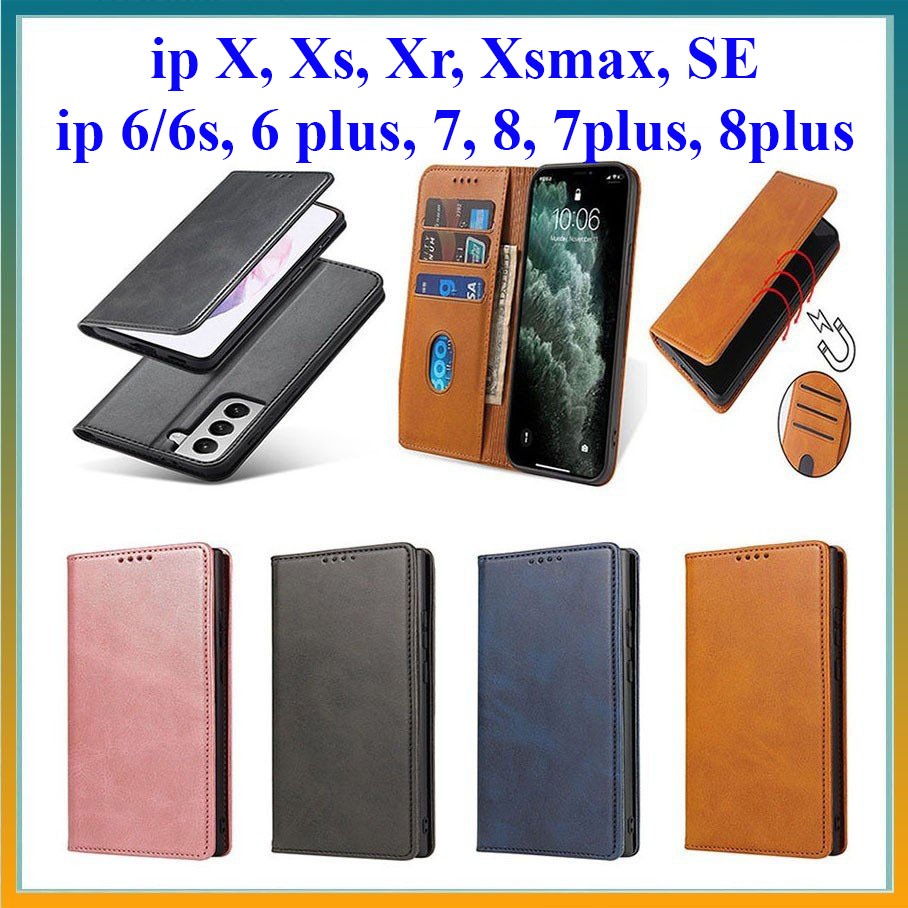Bao da iPhone 6 Plus/6s Plus, ip 7/8/SE, ip 7/8 Plus, ip X/Xs, ip XR, ip Xsmax dạng ví, có nắp gập, 