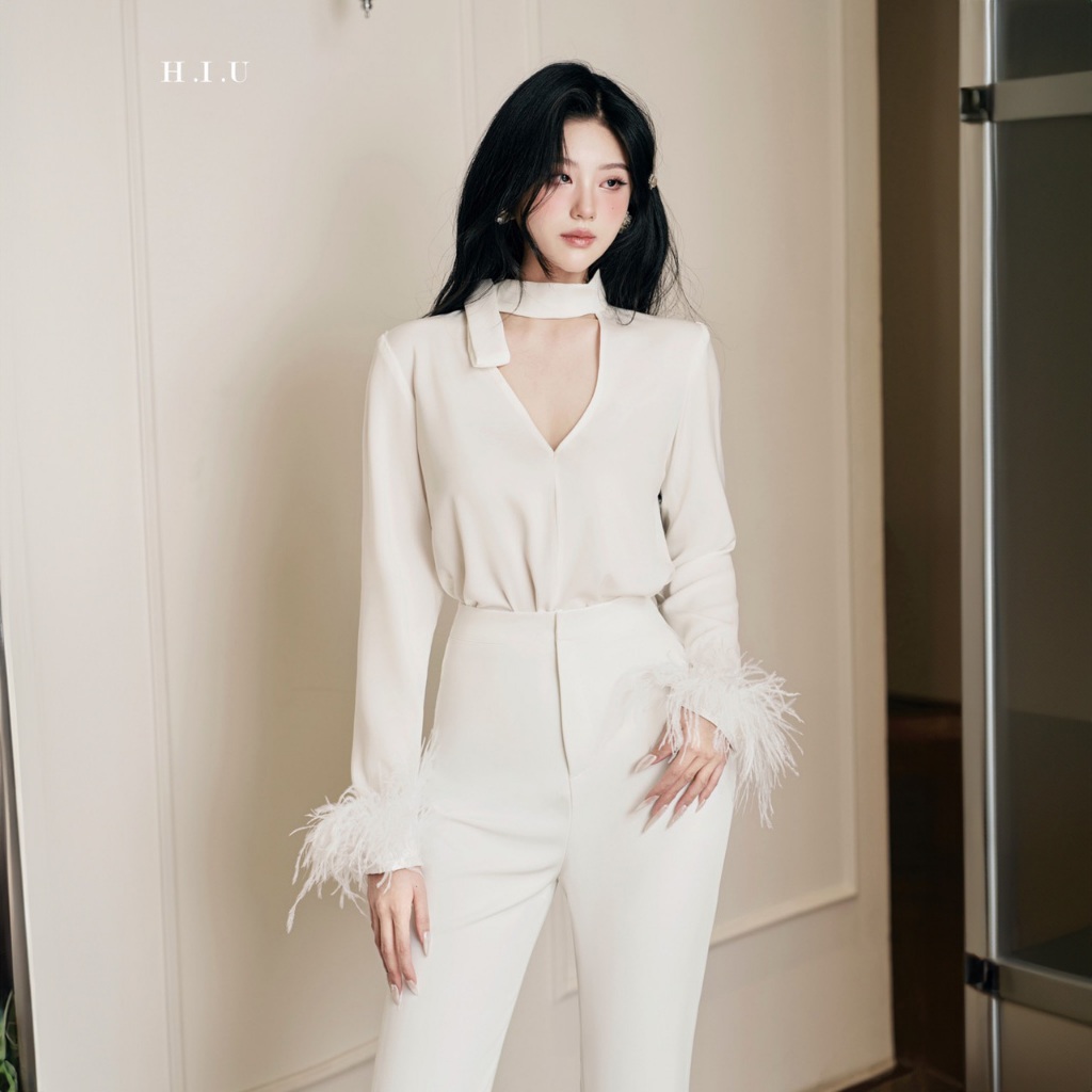 Áo kiểu nữ tay phối lông vũ Vila Blouse H.I.U Fashion , cách điệu thiết kế cut out sang trọng dày dặn HIU design