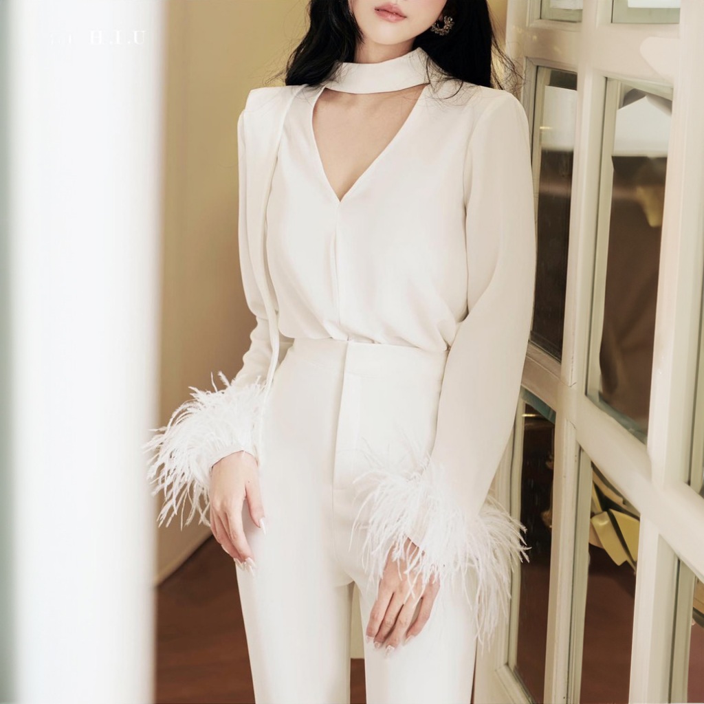 Áo kiểu nữ tay phối lông vũ Vila Blouse H.I.U Fashion , cách điệu thiết kế cut out sang trọng dày dặn HIU design