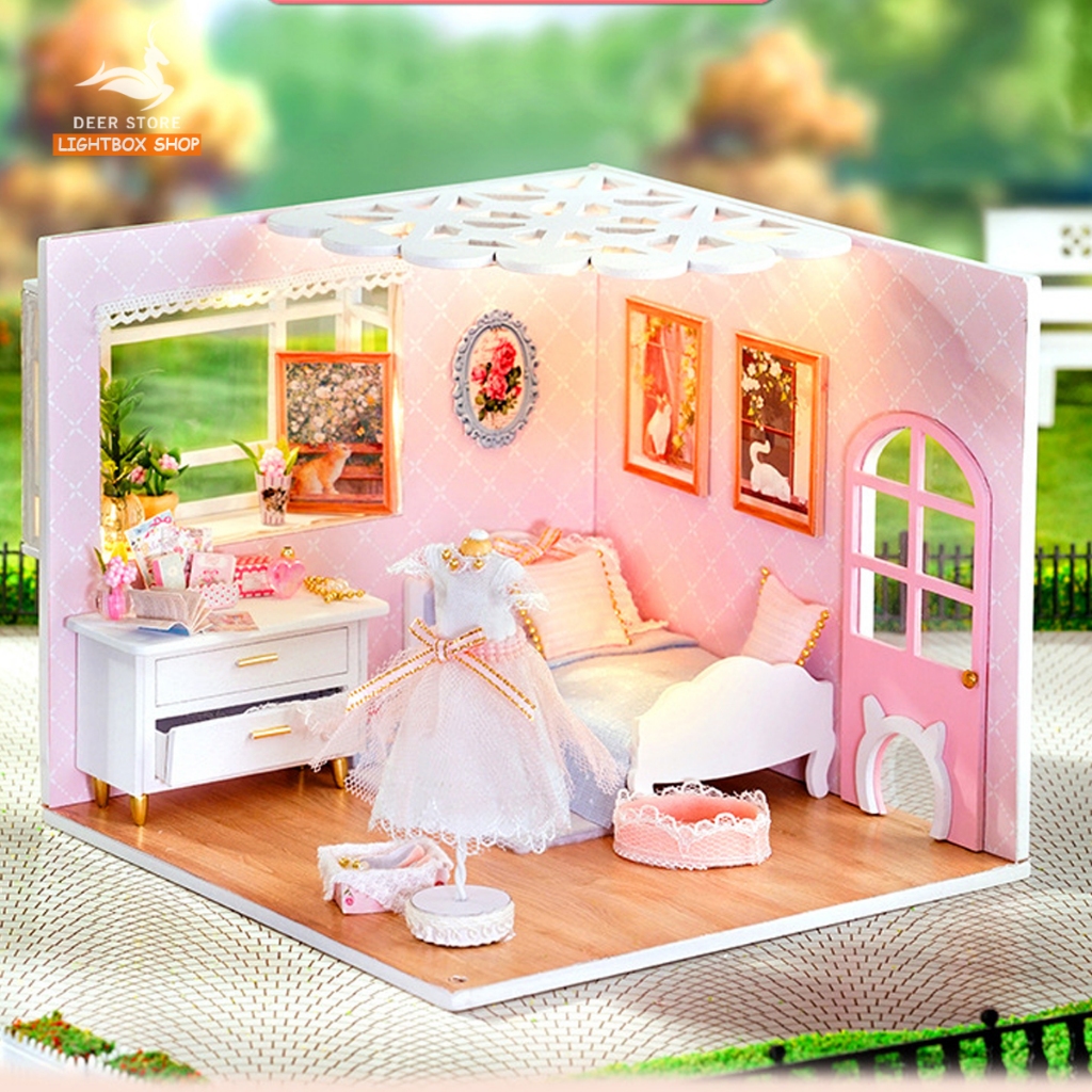 Nhà búp bê Mini DIY tự làm bằng gỗ. Tặng KEO DÁN. Mô hình gỗ 3d H-021 Bộ sưu tập My Little Scene Series