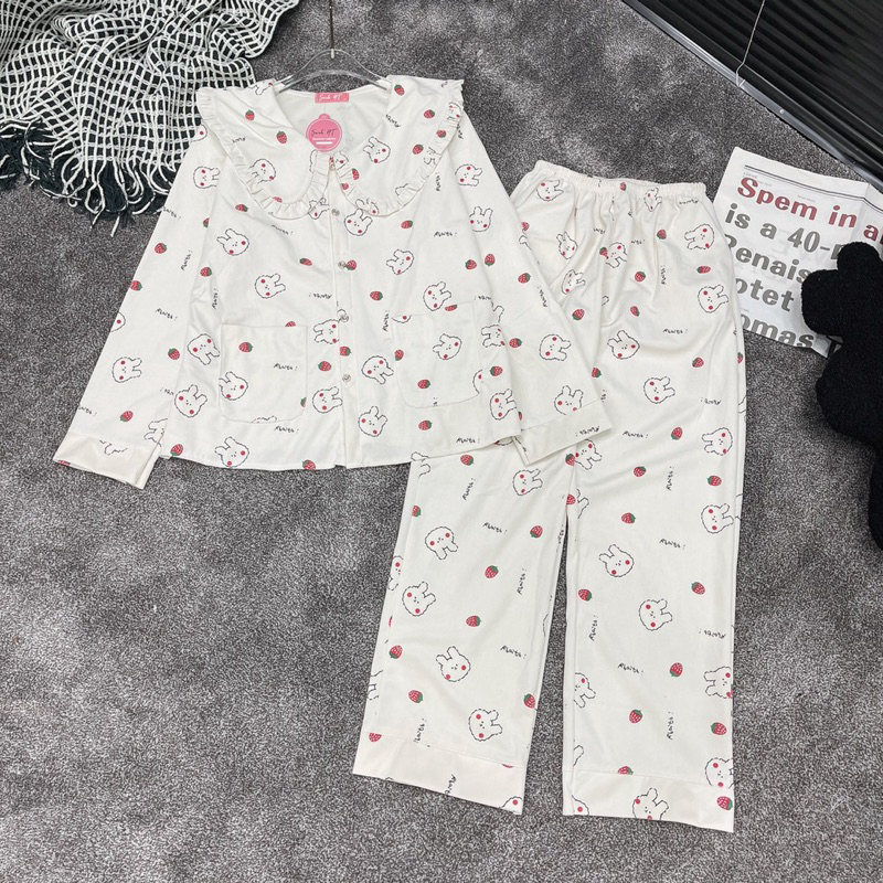 Bộ pyjama chất tuyết nhung ấm mịn cổ sen viền bèo 2 túi cute xinh xắn
