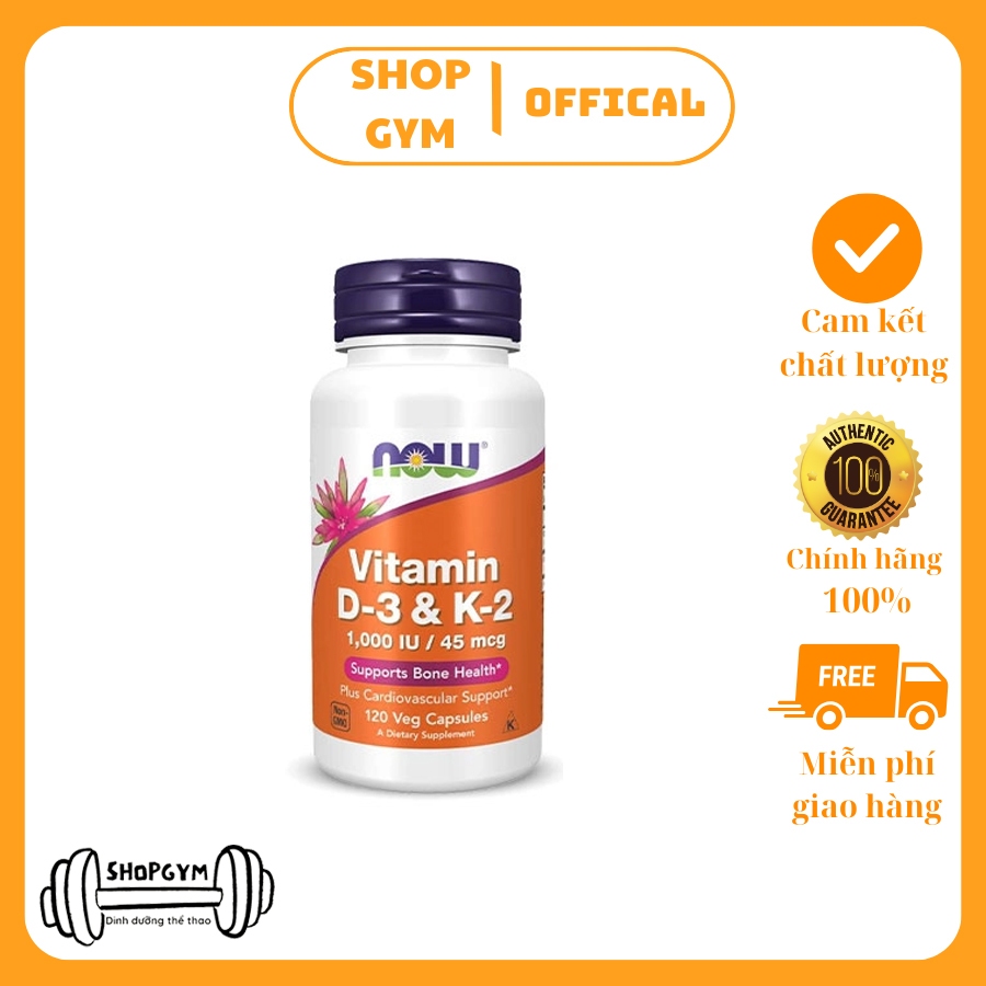 Thực phẩm chức năng Now Vitamin D3 K2, 1,000 IU / 45 mcg, 120 Veg Capsules, hỗ trợ chắc khỏe xương, tăng sức đề kháng