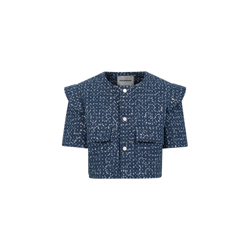 Áo croptop ngắn tay có cầu vai chất liệu denim và quần denim Xevi