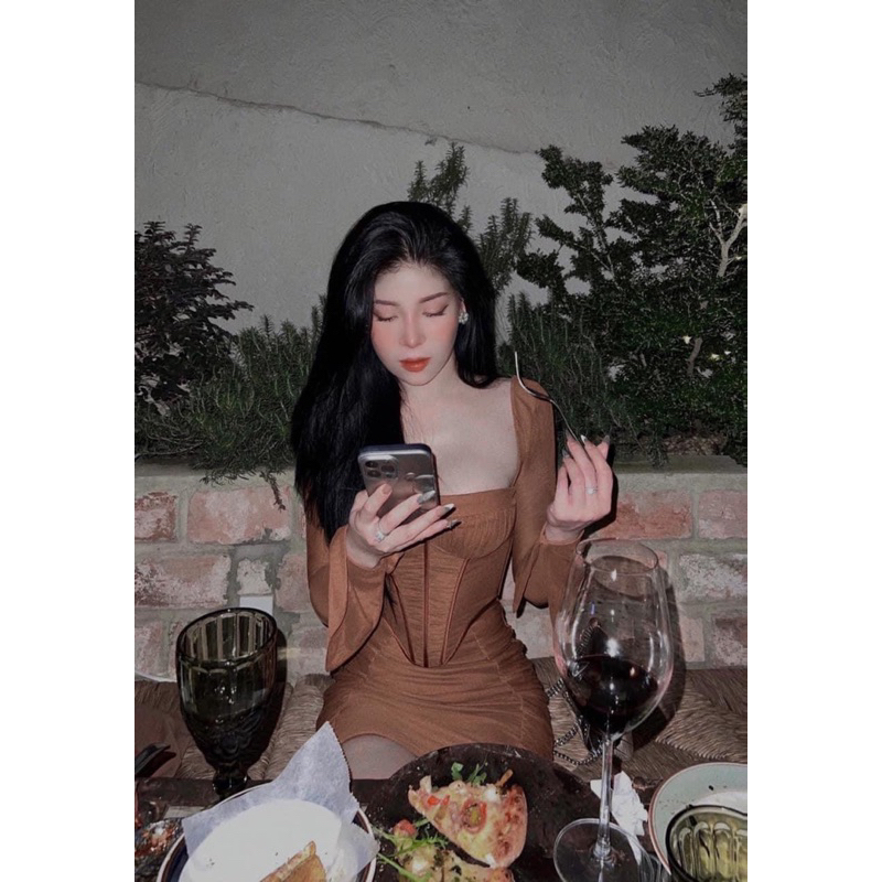 Set Lưới Nhún Co Giản Thiết Kế Chuẩn hình MaB, Áo Cúp Ngực Tay Loe + Chân Váy Ôm bo Nhún