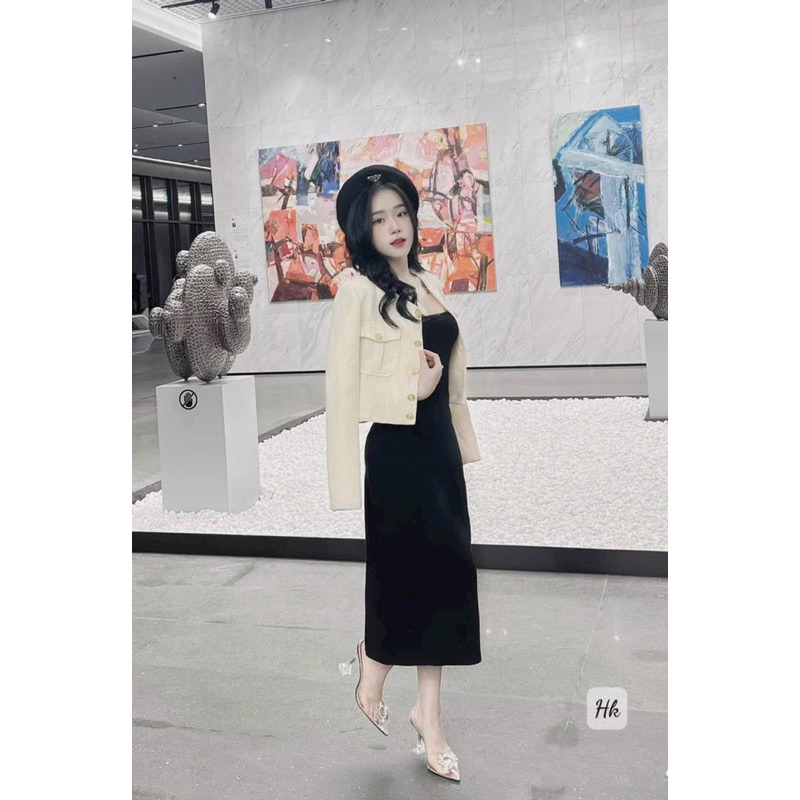 Set váy nữ mặc đi chơi, sét đầm 2 dây đen chất thun tăm lạnh dáng dài kèm áo khoác linen cài nút